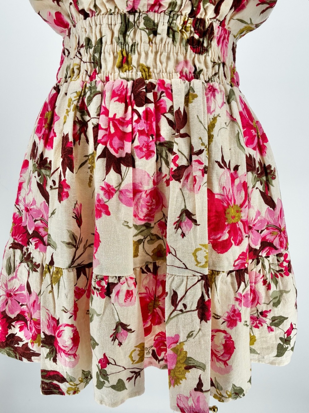 Abercrombie Floral Smocked Waist Linen Blend Flutter Sleeve Tiered Mini Dress SP - Picture 6 of 13